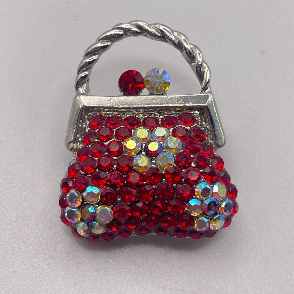 Vintage Y2K Red Rhinestone Purse Brooch Silver Tone Aurora Borealis Clasp Pin